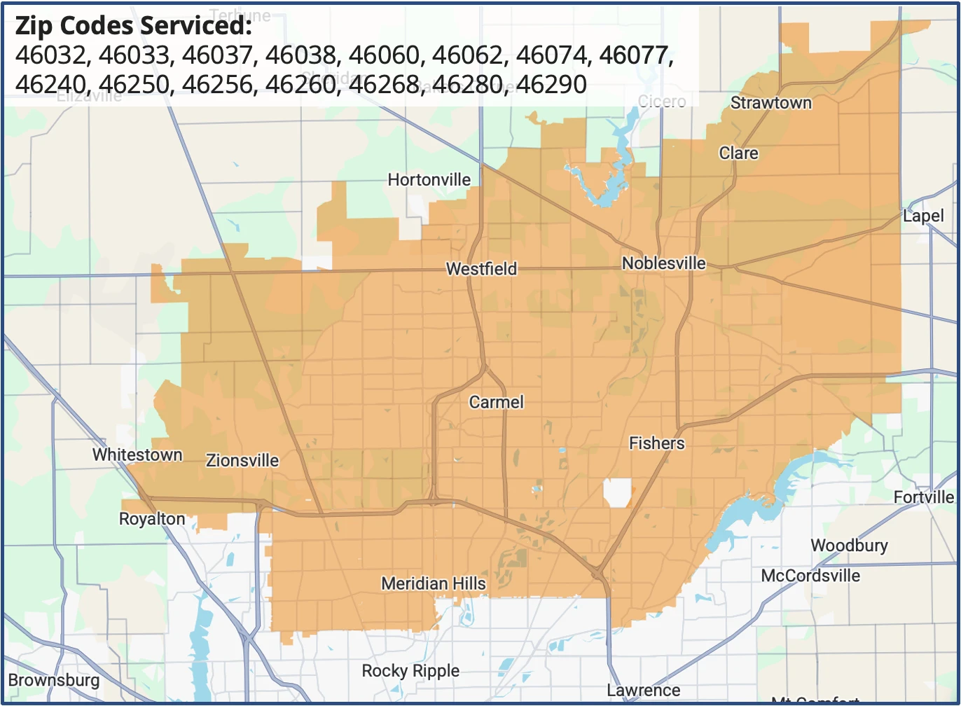 Map of the free local pickup and drop-off service area on the north side of Indianapolis, covering Carmel, Westfield, Noblesville, Fishers, and Zionsville. Zip codes serviced: 46032, 46033, 46037, 46038, 46060, 46062, 46074, 46077, 46240, 46250, 46256, 46260, 46268, 46280, 46290.