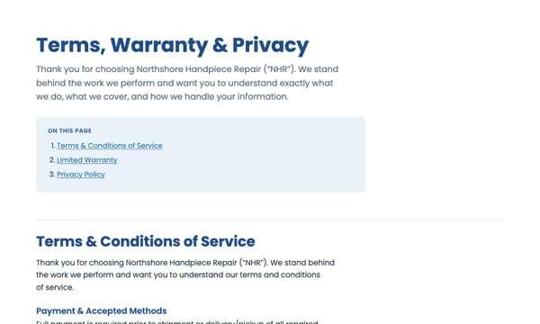 Terms, warranty, and privacy page preview