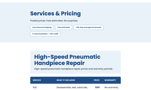 Services and pricing page preview